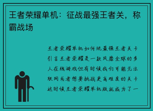 王者荣耀单机：征战最强王者关，称霸战场