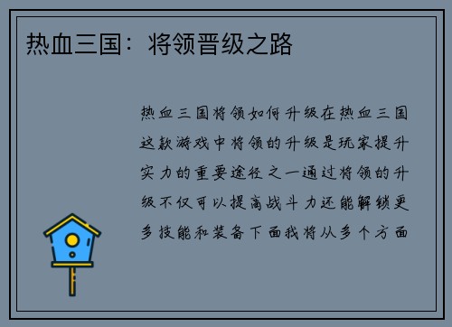热血三国：将领晋级之路