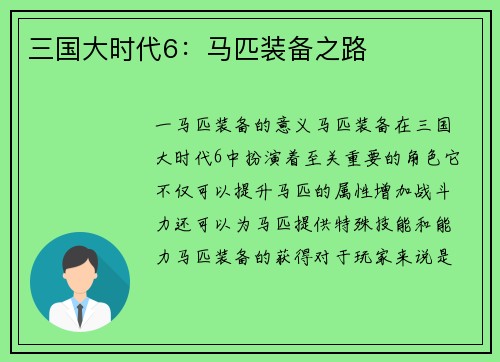 三国大时代6：马匹装备之路