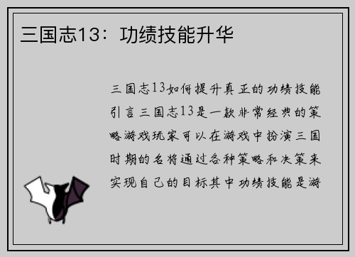 三国志13：功绩技能升华